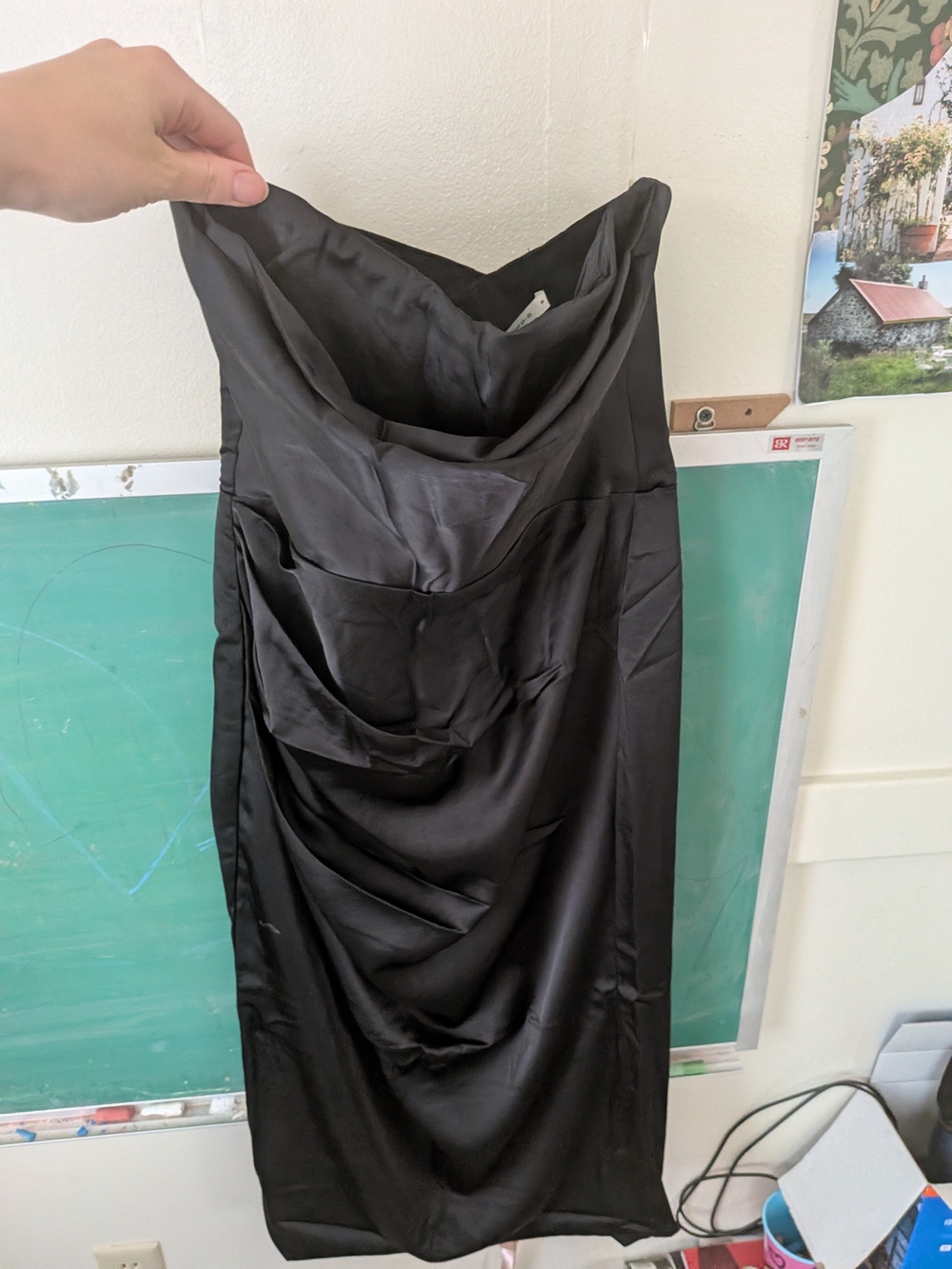 House of CB Black Strapless Satin Draped Midi Dress Santana